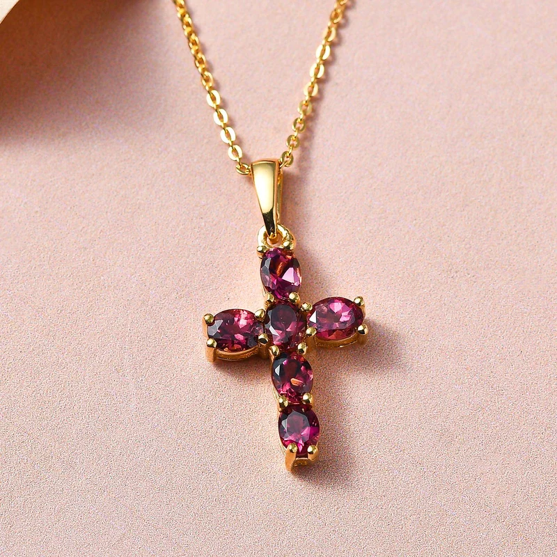 AA Rubellit Kreuz-Anhänger mit Kette, 925 Silber Gelbgold Vermeil ca. 1.09 ct