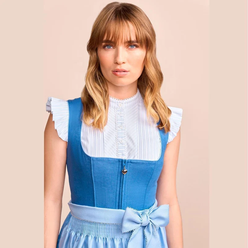 Krüger Dirndl Dorette Hellblau Leinen Mieder 60cm Balkonausschnitt