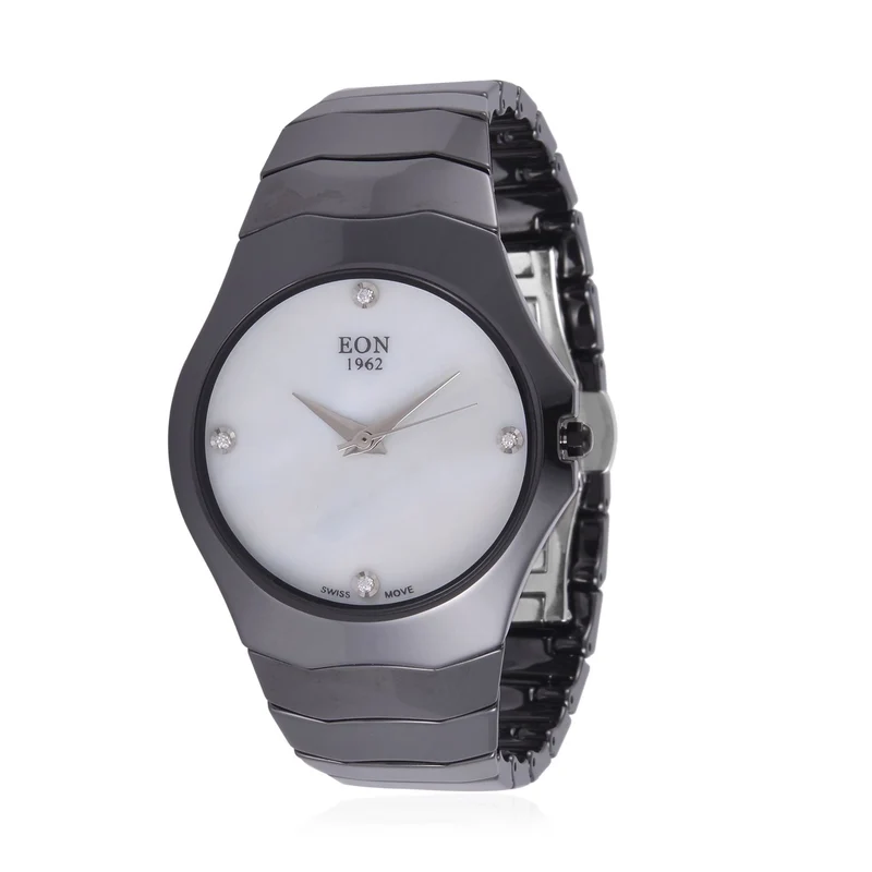 EON 1962 schweizer Uhrwerk - Moissanit-Uhr mit weißem Perlmutt Ziffernblatt, Keramik Armband, 42 mm