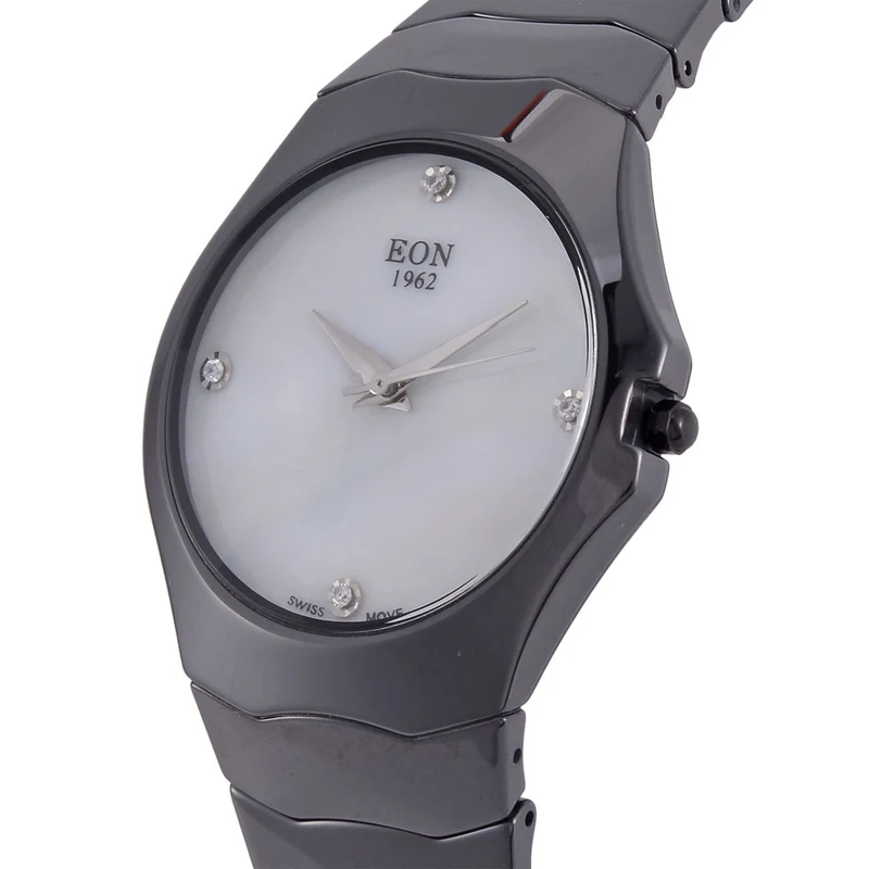 EON 1962 schweizer Uhrwerk - Moissanit-Uhr mit weißem Perlmutt Ziffernblatt, Keramik Armband, 42 mm