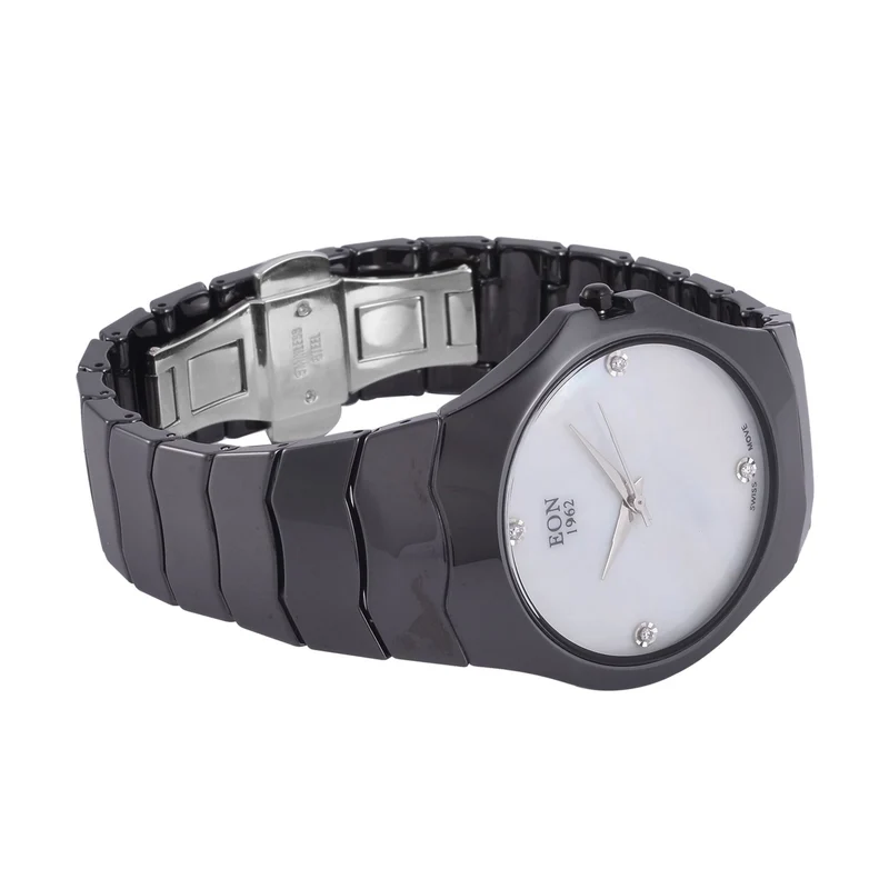 EON 1962 schweizer Uhrwerk - Moissanit-Uhr mit weißem Perlmutt Ziffernblatt, Keramik Armband, 42 mm