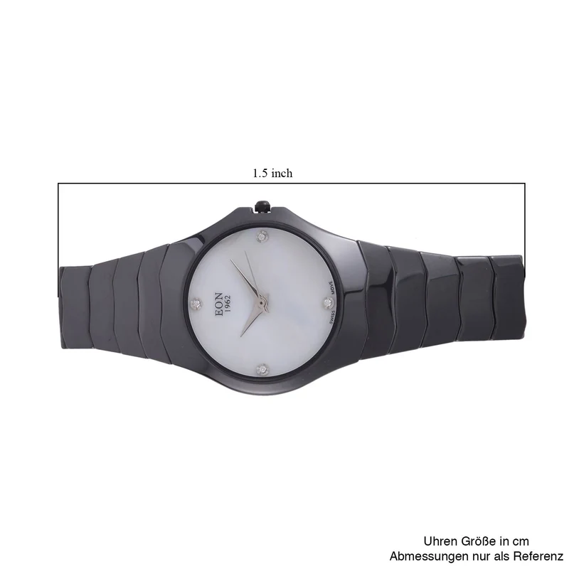 EON 1962 schweizer Uhrwerk - Moissanit-Uhr mit weißem Perlmutt Ziffernblatt, Keramik Armband, 42 mm