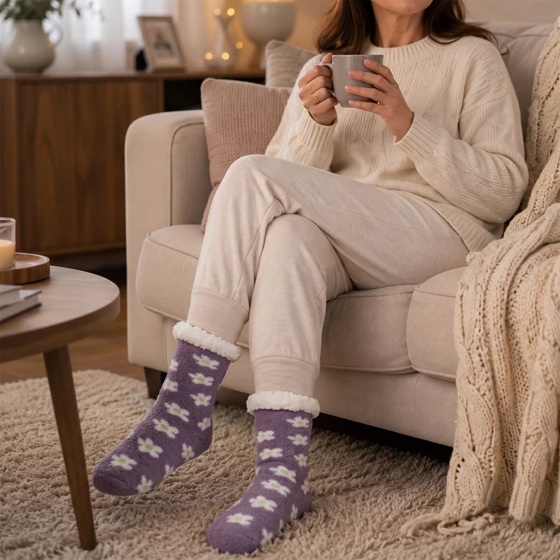 LIVMORE Sherpa-Kuschelsocken mit Blütenmuster, Violett
