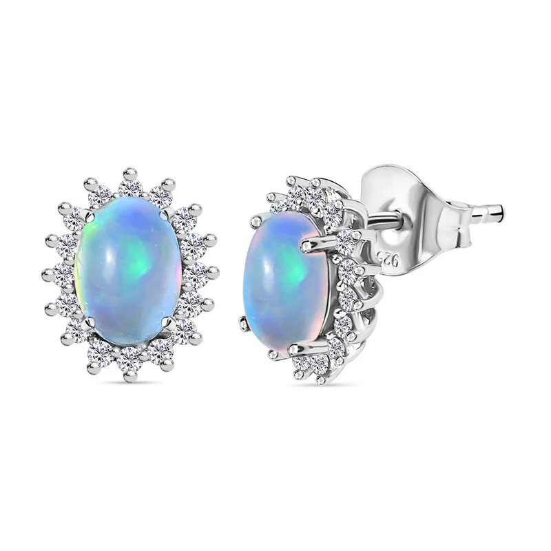 D'Joy AA Natürlicher, äthiopischer Welo Opal, Weißer Zirkon Ohrringe 925 Silber Platiniert ca. 1.96 ct