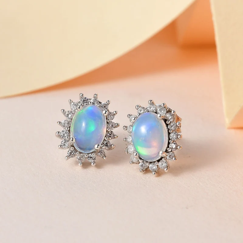 D'Joy AA Natürlicher, äthiopischer Welo Opal, Weißer Zirkon Ohrringe 925 Silber Platiniert ca. 1.96 ct