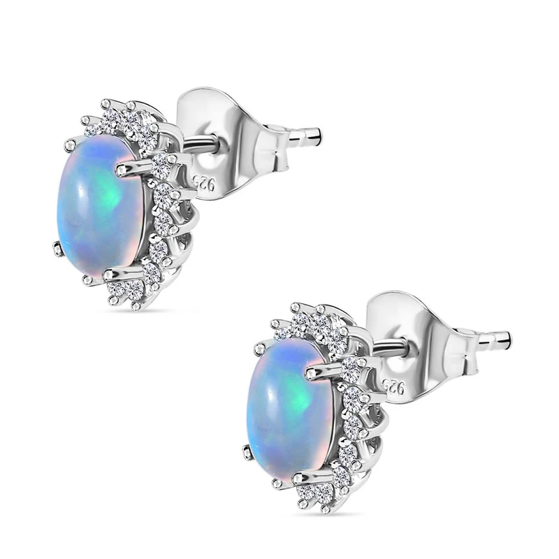 D'Joy AA Natürlicher, äthiopischer Welo Opal, Weißer Zirkon Ohrringe 925 Silber Platiniert ca. 1.96 ct