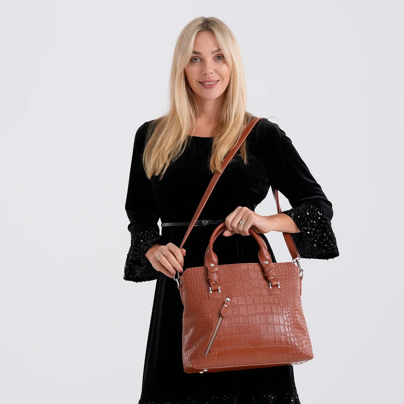 Echtleder-Handtasche mit Kroko-Prägung und Schulterriemen, 34x10x30cm, Bordeauxrot