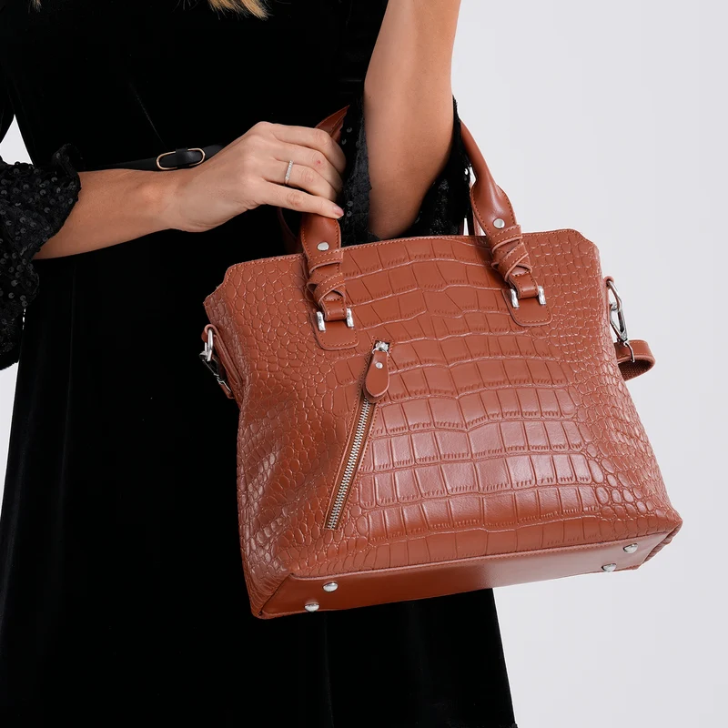 Echtleder-Handtasche mit Kroko-Prägung und Schulterriemen, 34x10x30cm, Bordeauxrot