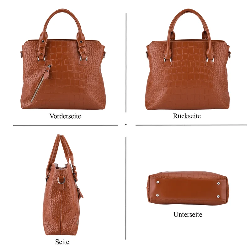 Echtleder-Handtasche mit Kroko-Prägung und Schulterriemen, 34x10x30cm, Bordeauxrot