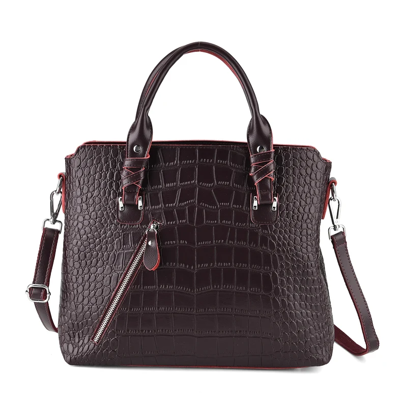 Echtleder-Handtasche mit Kroko-Prägung und Schulterriemen, 34x10x30cm, Bordeauxrot