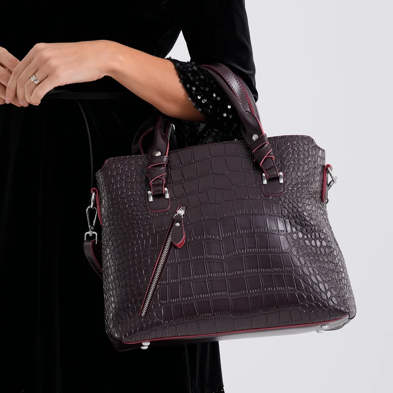 Echtleder-Handtasche mit Kroko-Prägung und Schulterriemen, 34x10x30cm, Bordeauxrot