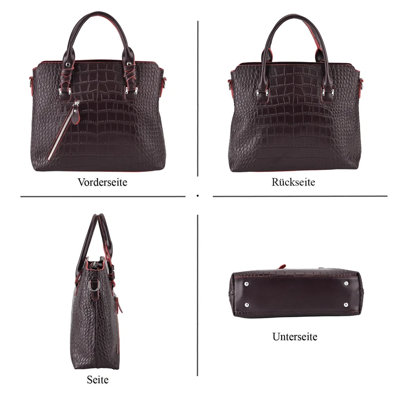 Echtleder-Handtasche mit Kroko-Prägung und Schulterriemen, 34x10x30cm, Bordeauxrot