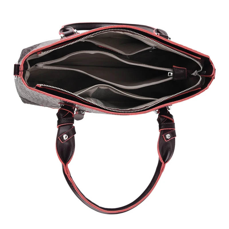 Echtleder-Handtasche mit Kroko-Prägung und Schulterriemen, 34x10x30cm, Bordeauxrot