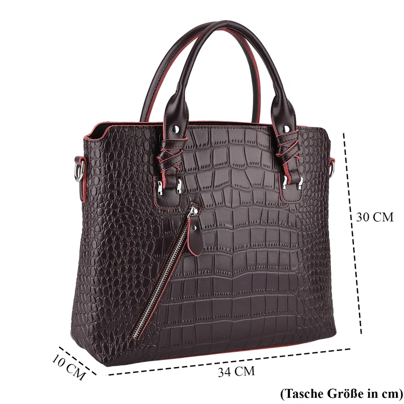 Echtleder-Handtasche mit Kroko-Prägung und Schulterriemen, 34x10x30cm, Bordeauxrot