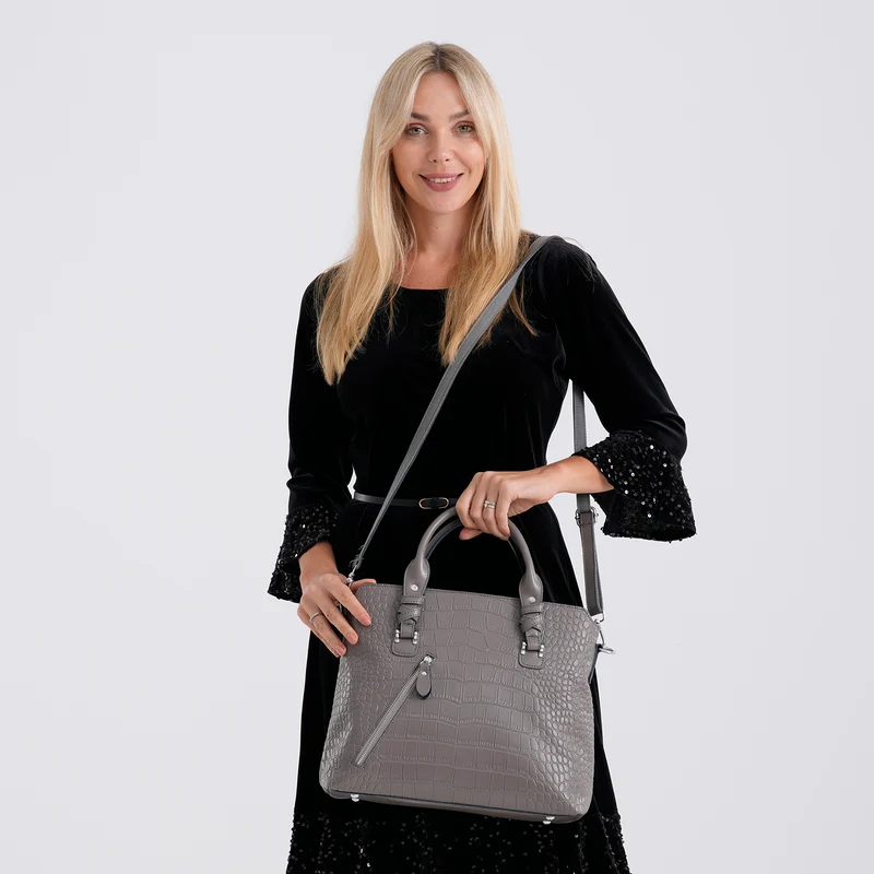 Echtleder-Handtasche mit Kroko-Prägung und Schulterriemen, 34x10x30cm, Bordeauxrot
