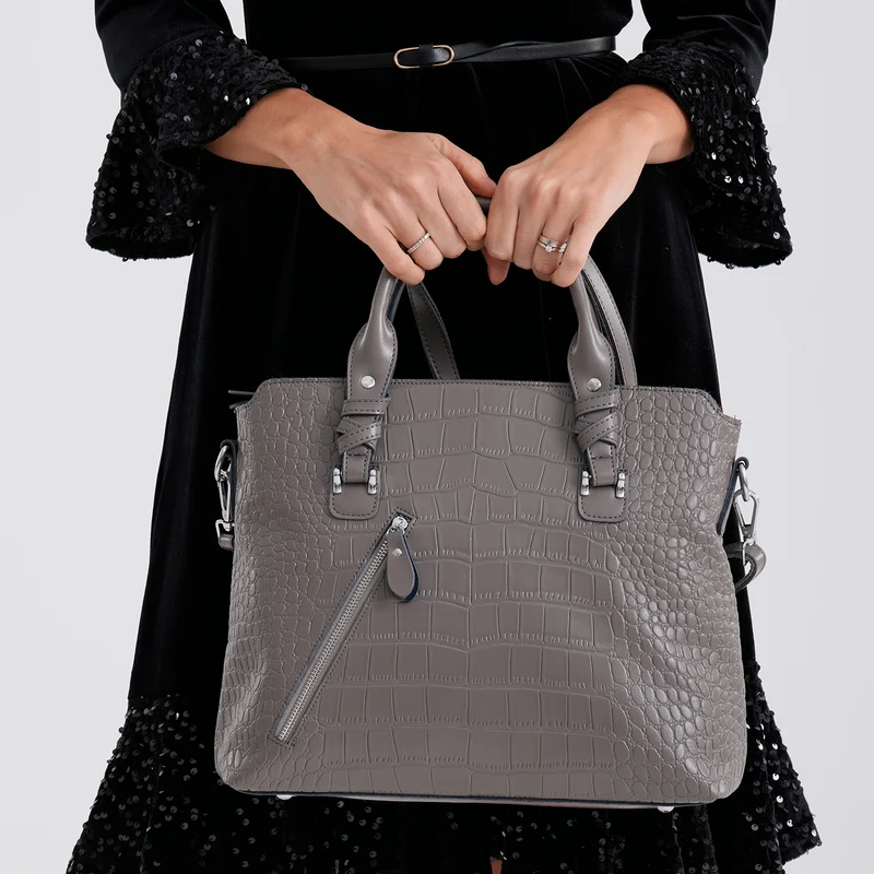 Echtleder-Handtasche mit Kroko-Prägung und Schulterriemen, 34x10x30cm, Bordeauxrot