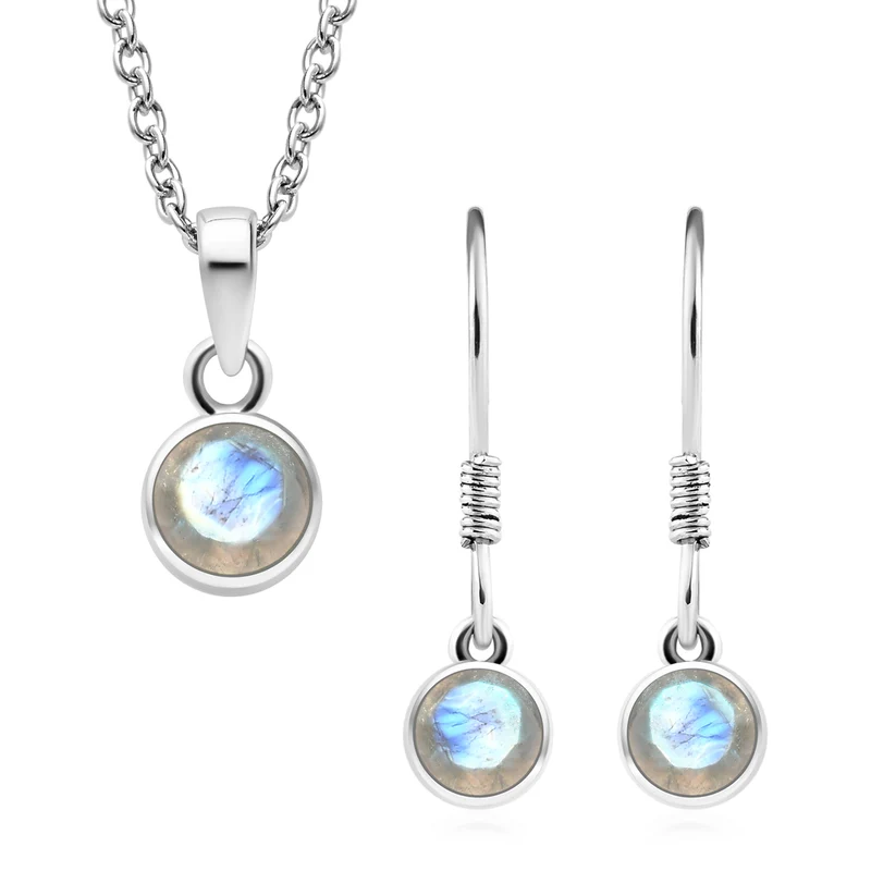 Regenbogen Mondstein-Anhänger und Ohrringe aus 925 Silber, mit Kette aus Edelstahl ca. 2,76 ct