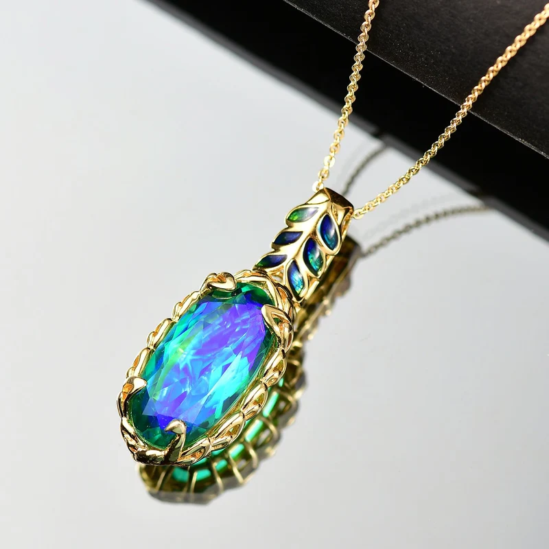 D'joy Pfau Quarz Triplette Anhänger mit Kette ca. 50 cm, 925 Silber 750 Gelbgold Vermeil ca. 10.04 ct