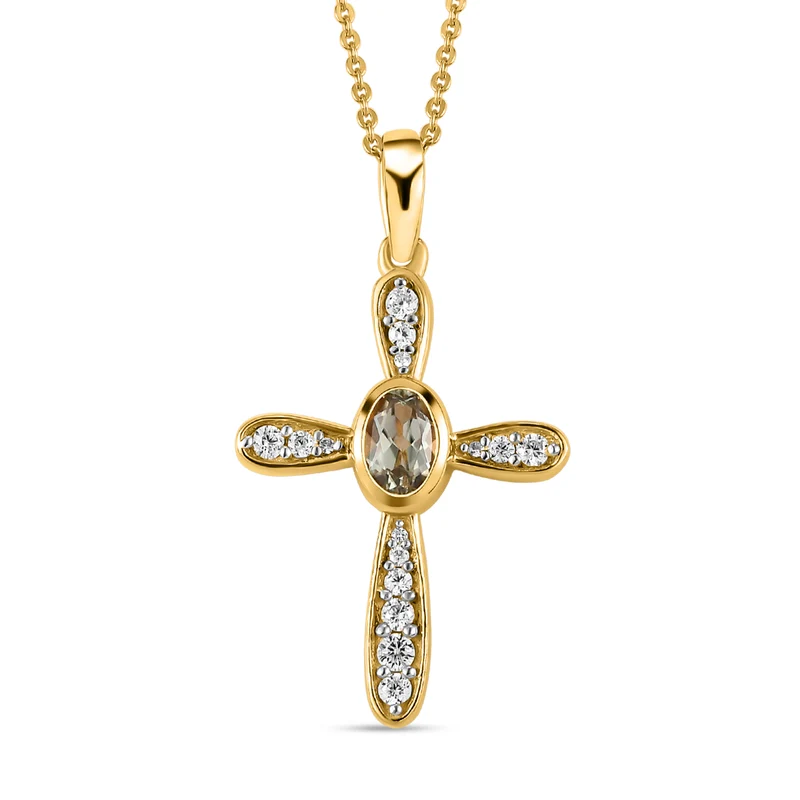 AAA Turkizit und weißer Zirkon Kreuz-Anhänger mit Kette, 925 Silber Gelbgold Vermeil ca. 0,79 ct
