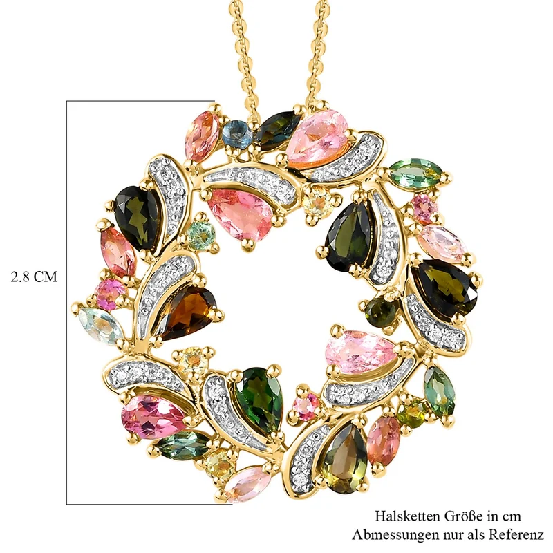 Natürlicher Mehrfach-Turmalin-Anhänger mit Kette, 925 Silber vergoldet ca. 3,35 ct