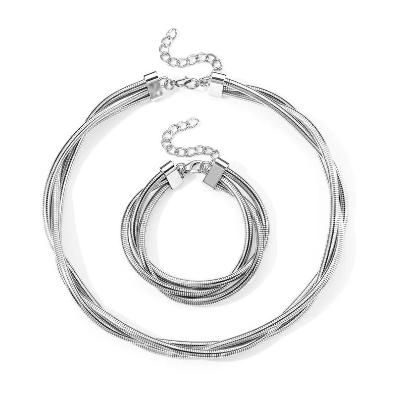 2er-Schmuckset aus mehrreihiger 43+5cm Halskette und 20+5cm Armband, Eisen, dreifarbig