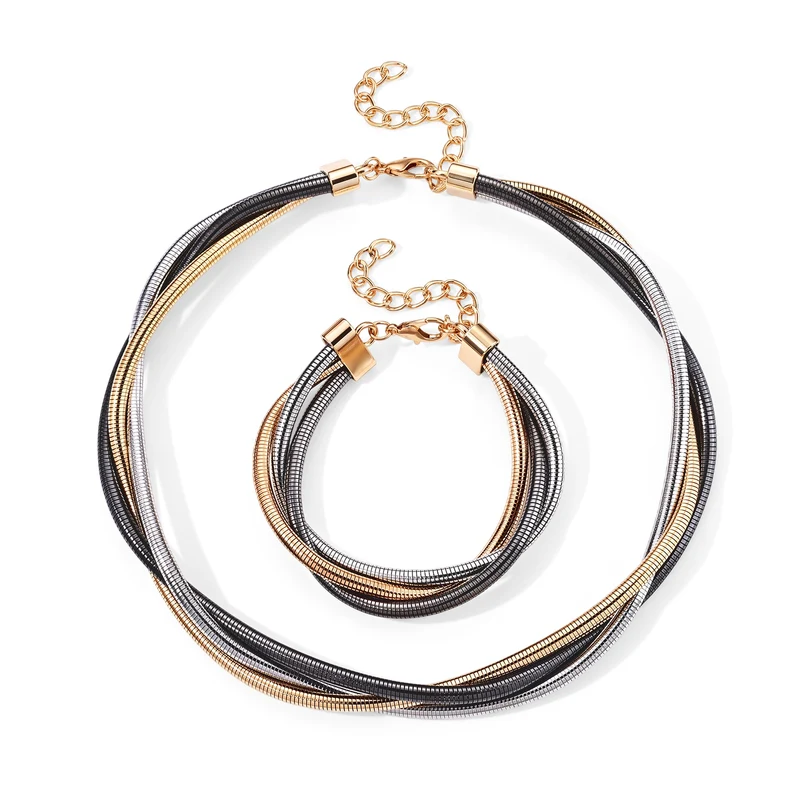 2er-Schmuckset aus mehrreihiger 43+5cm Halskette und 20+5cm Armband, Eisen, dreifarbig