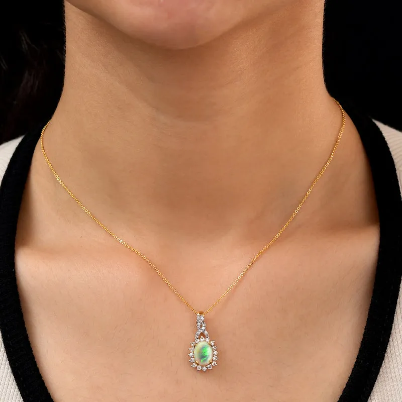 Natürlicher, äthiopischer Opal und weißer Zirkon-Anhänger mit Kette, Silber ca. 1,82 ct