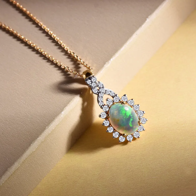 Natürlicher, äthiopischer Opal und weißer Zirkon-Anhänger mit Kette, Silber ca. 1,82 ct