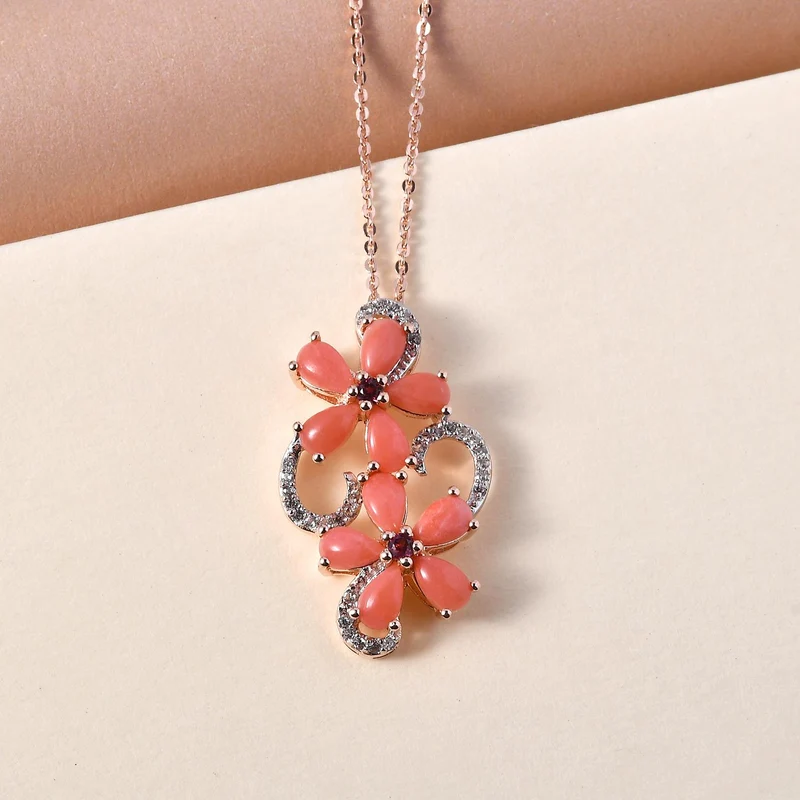 Oregon Pfirsich Opal und Rhodolith Granat-Anhänger mit Kette, 925 Silber rosévergoldet ca. 2,04 ct
