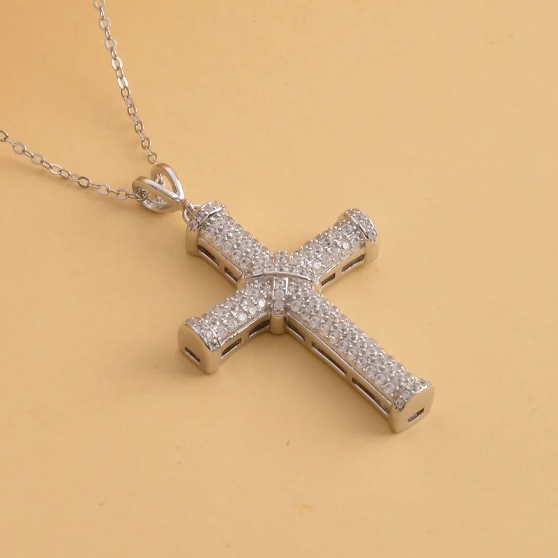 Weißer Zirkon Kreuz-Anhänger mit Kette, 925 Silber rhodiniert ca. 0.51 ct