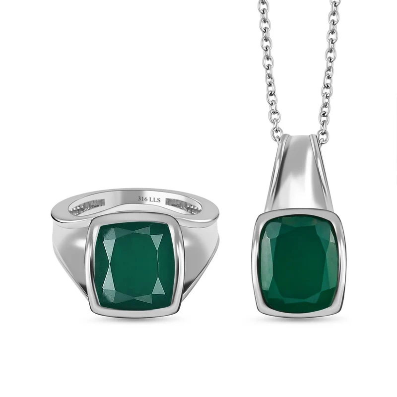 Grüner Onyx Schmuckset Edelstahl ca. 9.91 ct