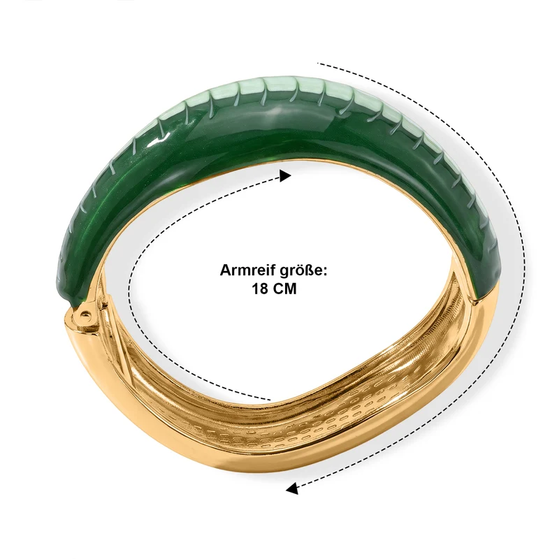 Emaille-Armreif mit marmoriertem Fächermuster, 18cm, Dunkelgrün-Hellgrün, Legierung in Goldton