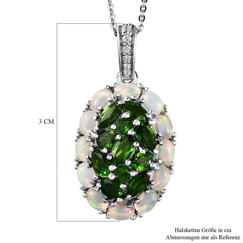 Natürlicher Chromdiopsid und Opal-Anhänger mit Kette, 925 Silber platiniert ca. 3.40 ct