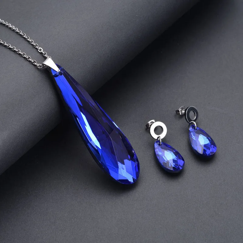 Blaue Glas-Ohrringe und Anhänger mit Kette, 316L Edelstahl