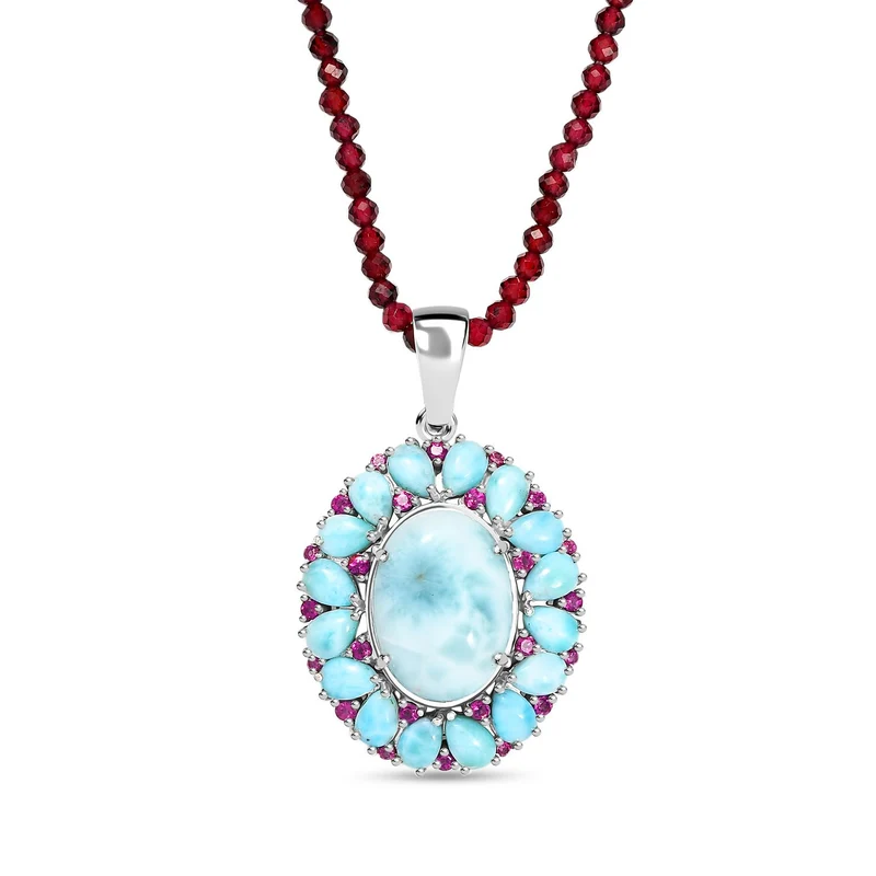 D joy AA Larimar Anhänger mit Rhodolith Granat Halskette, 925 Silber rhodiniert ca. 59.74 ct