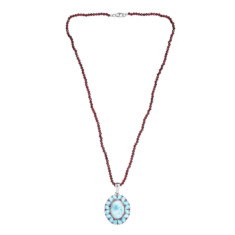 D joy AA Larimar Anhänger mit Rhodolith Granat Halskette, 925 Silber rhodiniert ca. 59.74 ct