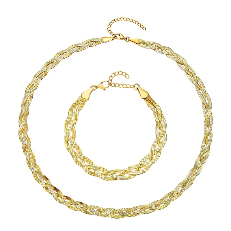2er Set - Geflochtene Halskette und Armband, Edelstahl goldfarben