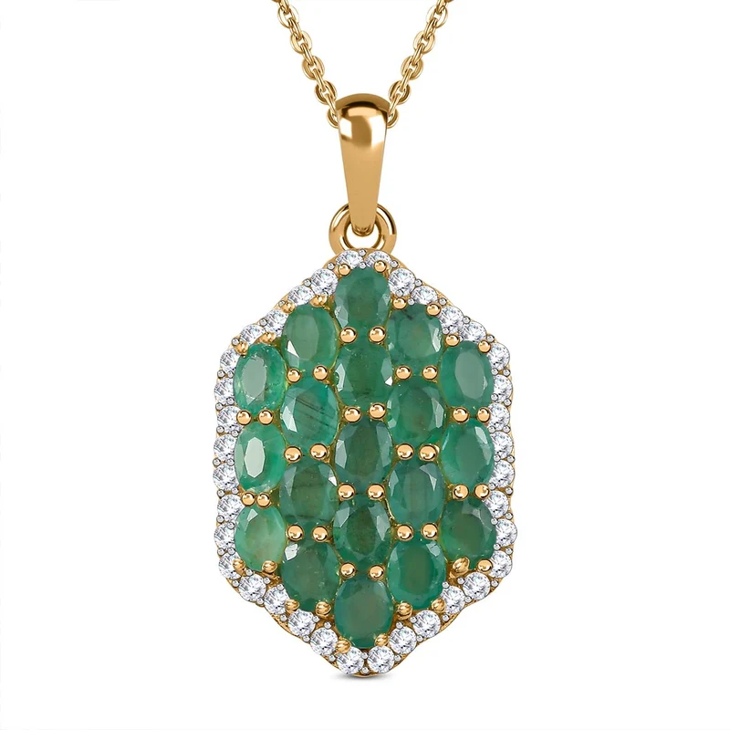Kagem Sambischer Smaragd, weißer Zirkon Anhänger mit Kette, 925 Silber vergoldet ca. 3.24 ct