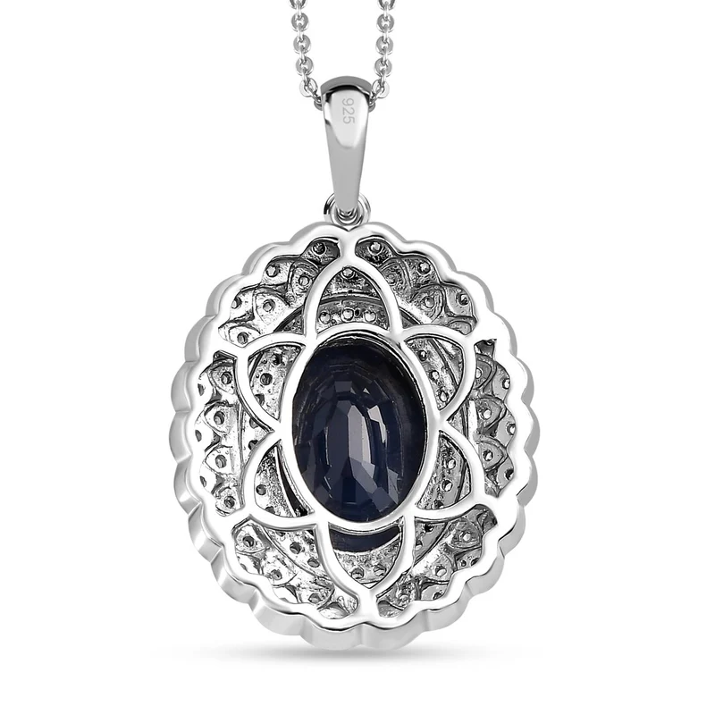 Diffundierter blauer Saphir und weißer Zirkon-Anhänger mit Kette, 925 Silber platiniert ca. 7.45 ct