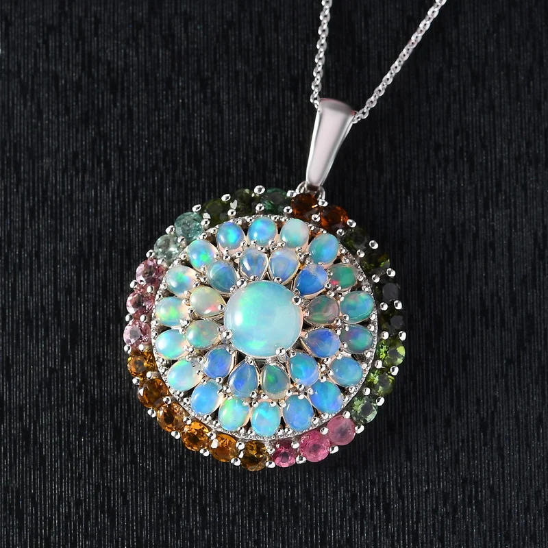 Natürlicher, äthiopischer Welo Opal Anhänger mit Kette, 925 Silber platiniert ca. 7.61 ct