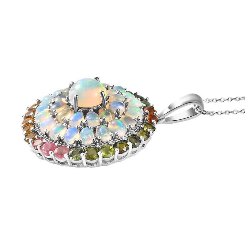 Natürlicher, äthiopischer Welo Opal Anhänger mit Kette, 925 Silber platiniert ca. 7.61 ct