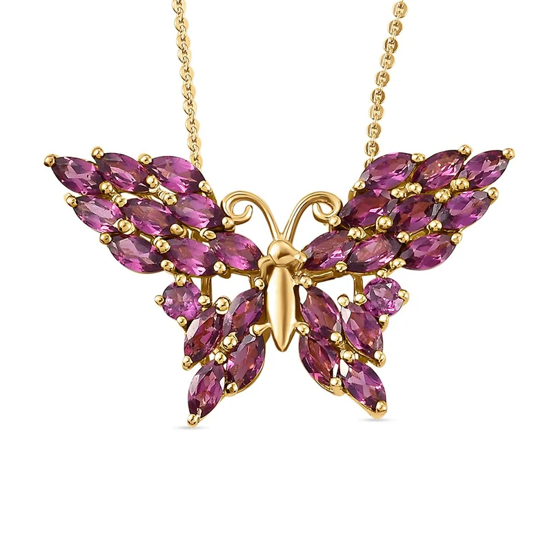 Rhodolith Granat-Anhänger mit Kette, Scmetterling-Form, 925 Silber vergoldet ca. 4,96 ct