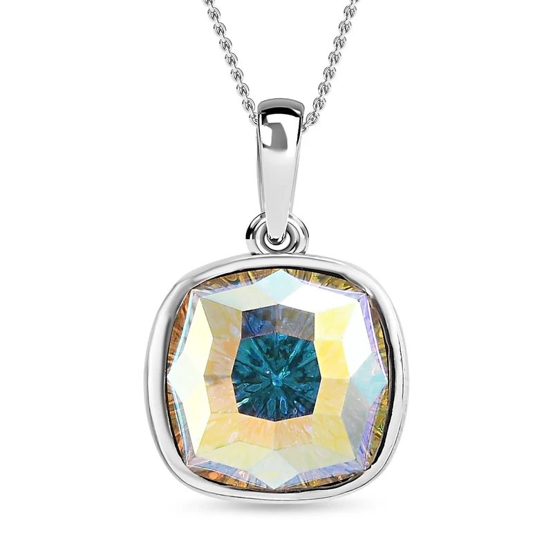 Quadratischer Kristall-Anhänger-Halskette mit blauem Edelstein, 925 Silber platiniert ca. 4,33 ct.