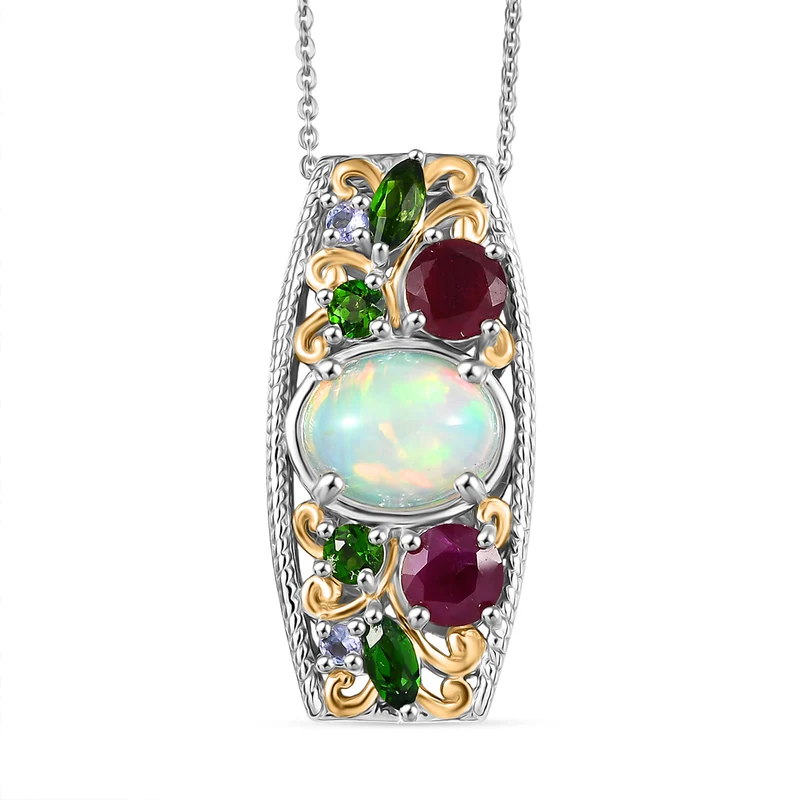 D'joy AA Mehrfarbiger Edelstein Anhänger mit Kette, ca. 50 cm, 925 Silber Rhodiniert und 750 Gelbgold Vermeil ca. 3.80 ct