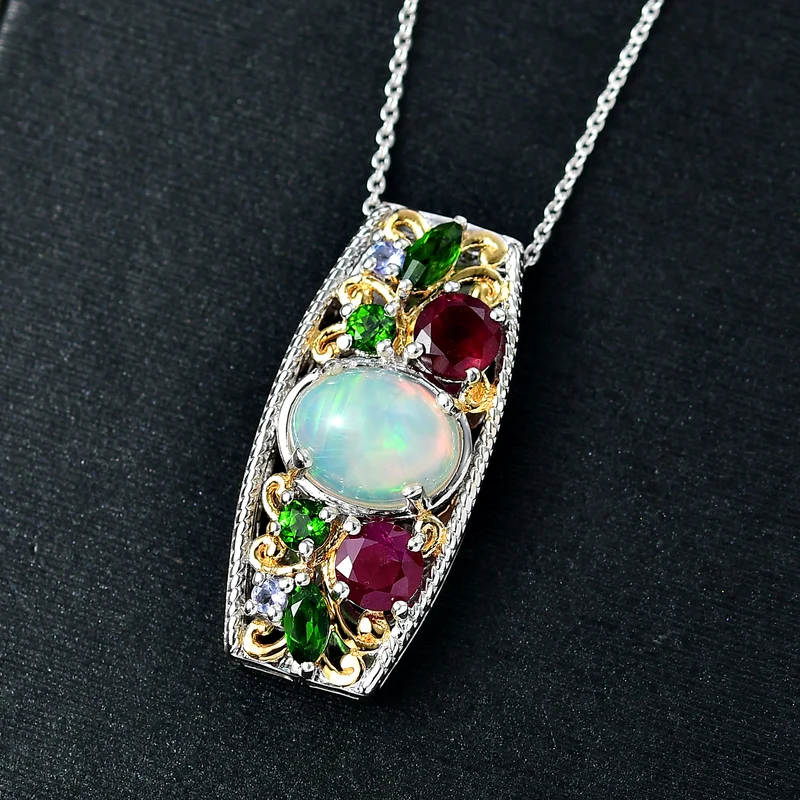 D'joy AA Mehrfarbiger Edelstein Anhänger mit Kette, ca. 50 cm, 925 Silber Rhodiniert und 750 Gelbgold Vermeil ca. 3.80 ct