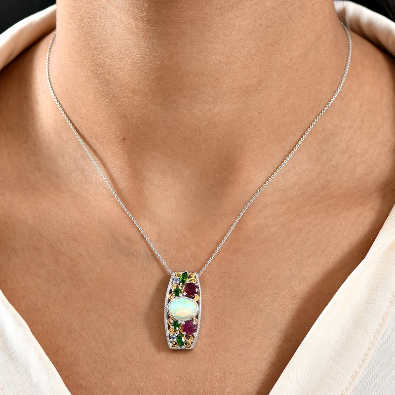 D'joy AA Mehrfarbiger Edelstein Anhänger mit Kette, ca. 50 cm, 925 Silber Rhodiniert und 750 Gelbgold Vermeil ca. 3.80 ct
