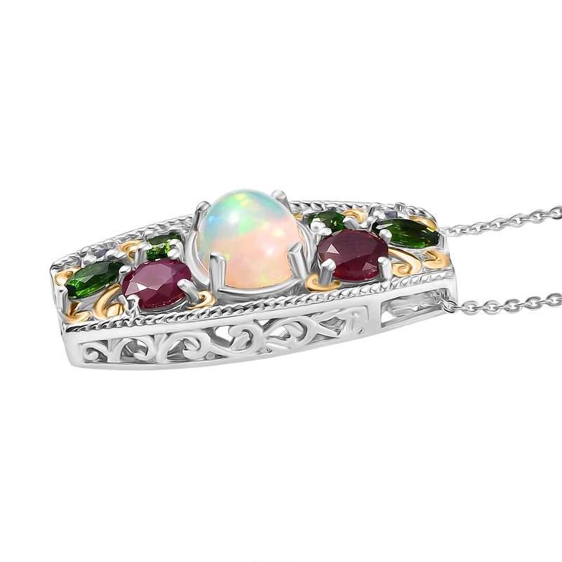 D'joy AA Mehrfarbiger Edelstein Anhänger mit Kette, ca. 50 cm, 925 Silber Rhodiniert und 750 Gelbgold Vermeil ca. 3.80 ct