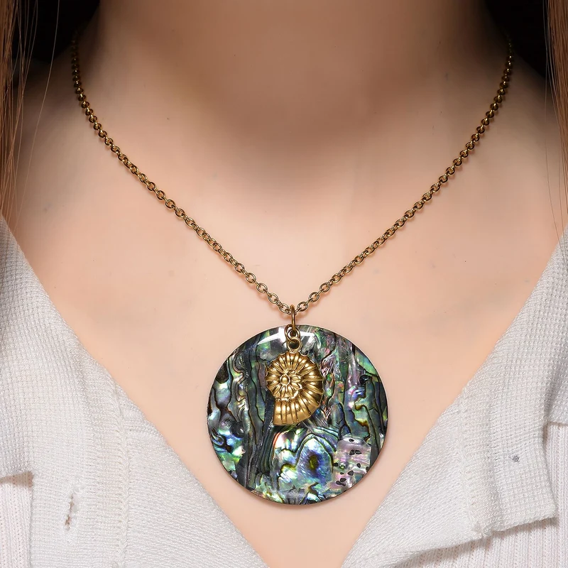 Abalone Muschel Jakobsmuschel-Design Anhänger mit Kette ca. 50 cm + 5 cm Extender, 316L Edelstahl, goldfarben