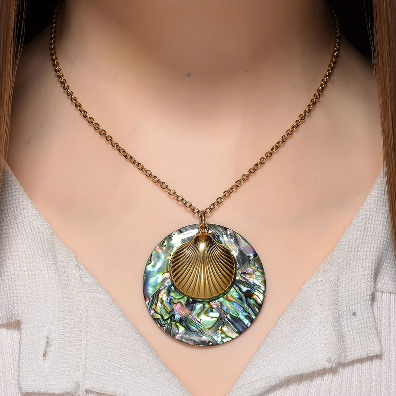 Abalone Muschel Jakobsmuschel-Design Anhänger mit Kette ca. 50 cm + 5 cm Extender, 316L Edelstahl, goldfarben