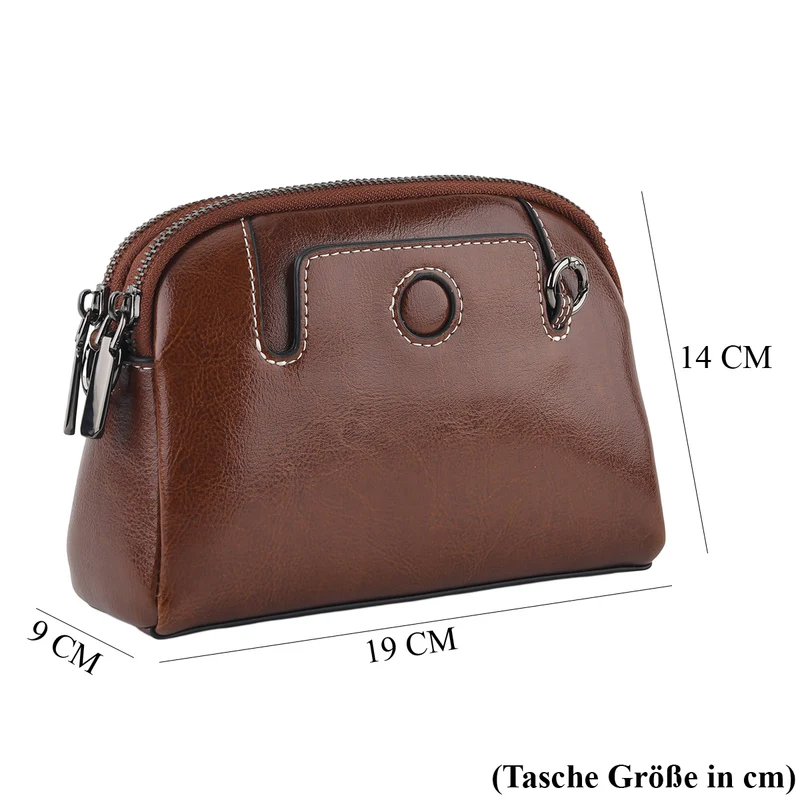 Echtleder-Umhängetasche mit 2 Außenfächern und verstellbarem Schulterriemen, 19x8x14cm, Kaffeebraun